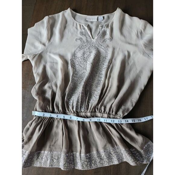 Chico's Women's Taupe Silk & Silver Metallic Ombré Embellished Sheer Blouse Sz 1 - Picture 6 of 9